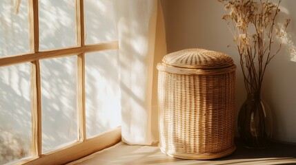 Fototapeta premium Sunlight illuminates a handcrafted woven wicker basket near a window with sheer curtains, concept for home decor, interior design, and lifestyle photography