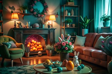Cozy Easter Living Room: An inviting living room, exquisitely decorated for Easter with a warm and inviting atmosphere. Colorful Easter eggs, playful bunny decorations.