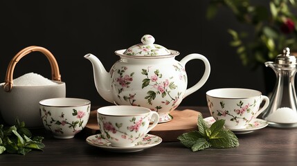 Elegant floral teapot and teacups set on rustic wooden table, concept for tea time, afternoon tea party, and spring themed events