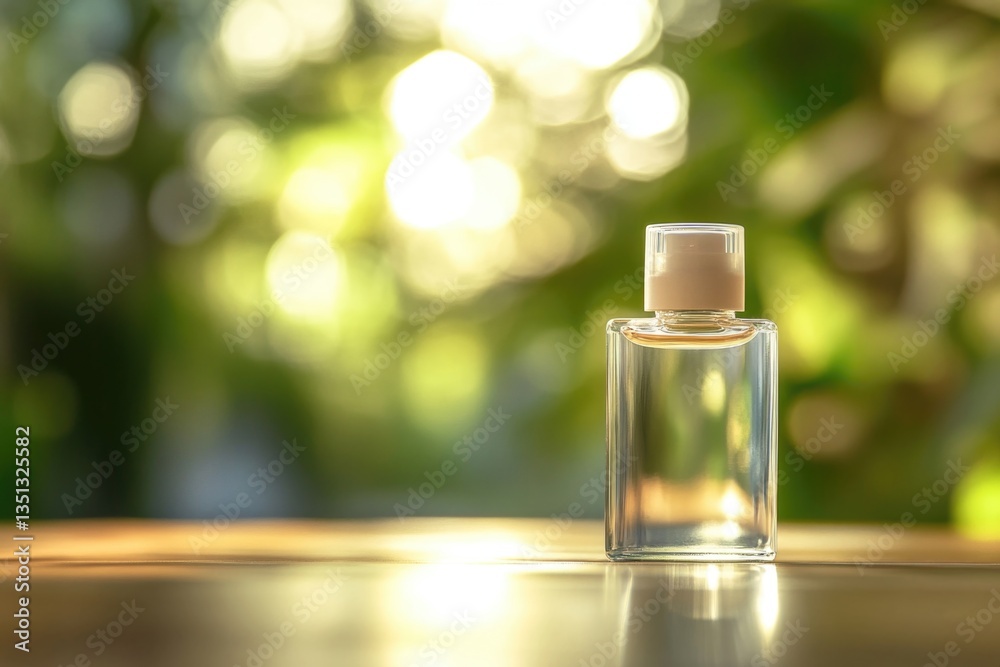 Poster a bottle of perfume sits on top of a table, ready for use