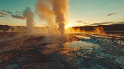 Majestic geothermal landscape at sunset, showcasing steam rising from geysers amidst serene natural beauty