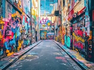 Fototapeta premium Urban streets filled with graffiti-covered buildings and paint signs. The colorful street art creates an urban, edgy feel, with vibrant designs and messages scattered across the walls 