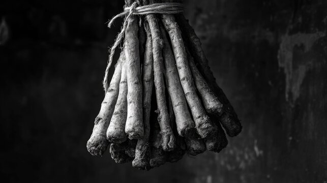 A bundle of sticks suspended from a rope