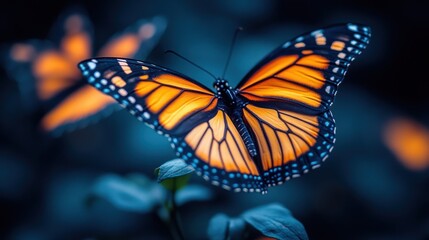 Fototapeta premium Rainbow butterflies scattered asymmetrically, each one glowing vividly against a black background.