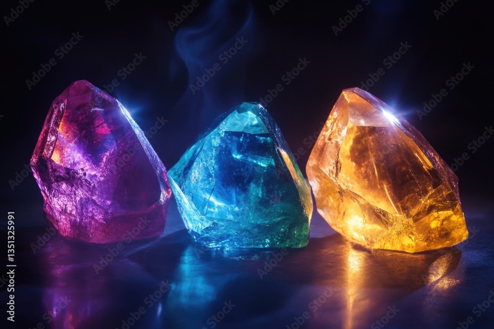 Poster a collection of three distinct colored diamonds arranged on a table, great for commercial or persona