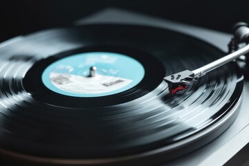 close-up photo of vintage vinyl record spinning on turntable capturing grooves in intricate detail invites listeners