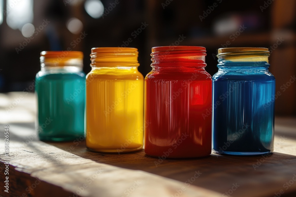 Poster a collection of vibrant jars arranged on a rustic wooden table, perfect for still life photography o