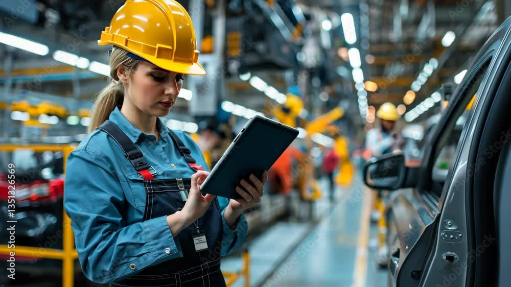 Poster in a bustling factory environment, a highly skilled female engineer utilizes a tablet on the automot