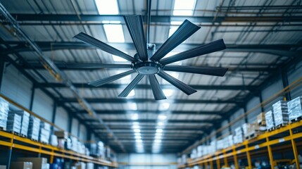 Large industrial ceiling fan in a warehouse.
