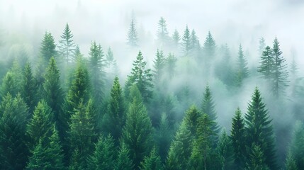 Fototapeta premium Misty pine forest with layers of trees fading into atmospheric fog creating depth and mystery Tranquil serene and majestic wilderness landscape with a natural ethereal ambiance