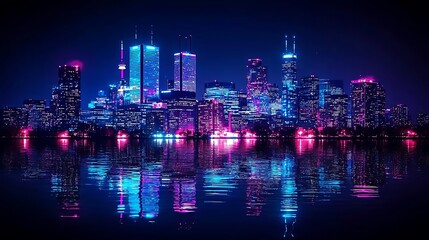 Night City Skyline Reflection Neon Lights