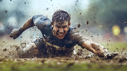 Muddy Determination: A determined athlete struggles through a mud pit during an obstacle course, capturing the raw grit, focus, and tenacity of the individual in the pursuit of his goal.