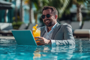 Happy business man with sunglasses drinking summer cocktail in a swimming pool with laptop