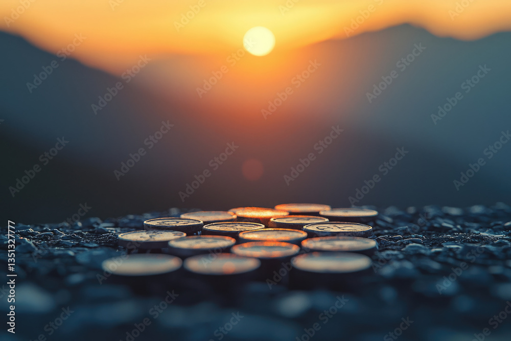 Poster Sunset illuminates numerous small, round objects arranged on a rough surface, creating a captivating scene.