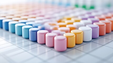 Colorful cylindrical shapes arranged in a grid pattern.  A close-up view reveals a variety of pastel hues, including pinks, oranges, blues, and whites