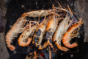River prawn shrimp grilled on fire