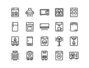 Home Appliances Vector Icon Set | Adjustable Line Weight | Refrigerator, dishwasher, microwave, oven, air conditioner, coffee maker, washing machine, heater, kitchen, household