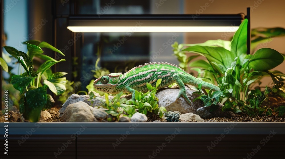 Poster a chameleon lizard sits on a rock in a garden, showcasing its vibrant colors and unique features