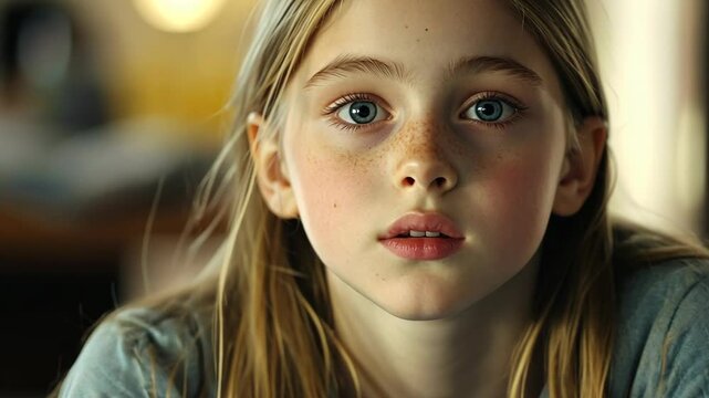 Young girl with long hair and freckles gazes thoughtfully at the viewer in a cozy indoor setting