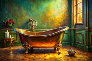 Luxurious Vintage Clawfoot Bathtub Oil Painting - Elegant Bathroom Art