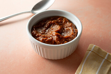 A view of a bowl of chili.