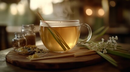 Steaming lemongrass tea, cafe setting, herbs, wooden board