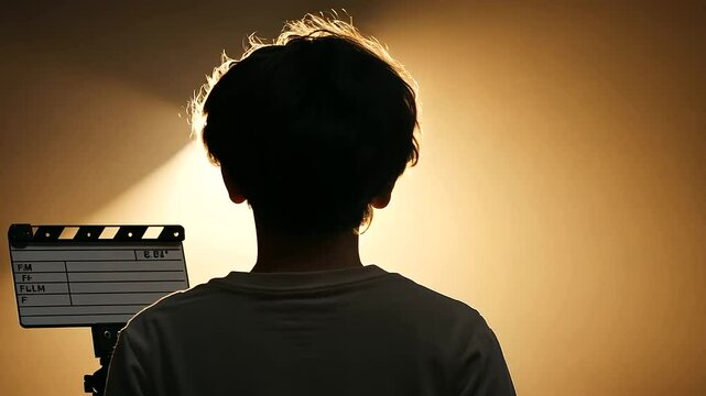 Young actor filming a scene with a director's clapboard under bright lights