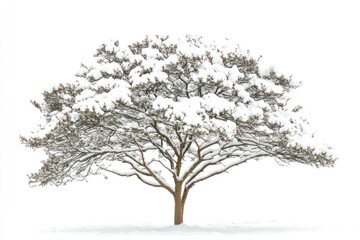 Fototapeta premium A lone snow-covered tree stands in a vast open field, surrounded by untouched snow