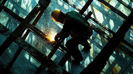 A steelworker in a hardhat welds a steel structure, intense sparks and shadows dominating the scene, low-angle view emphasizes the strength of the worker 