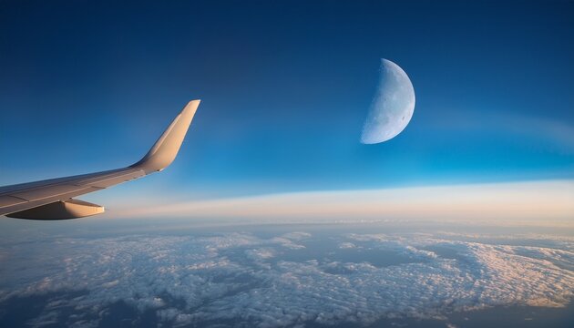 view of a thin sliver of moon in the sky from plane window