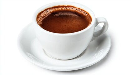 Obraz premium Authentic Turkish coffee in a white porcelain cup with rich foam on top, served on a saucer against a clean white background