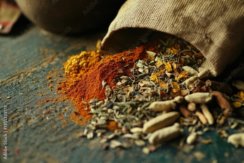 Poster a bag of spices sits on a table