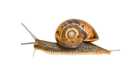 A close-up of a snail crawling slowly on a leaf, showcasing its delicate shell and glistening slime trail.

