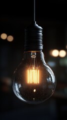 Illuminated Edison bulb, hanging, dark interior, bokeh background, stock photo