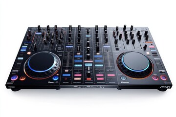 Fototapeta premium Premium DJ Control Console. Professional Mixer with Grooved Jog Wheels and Faders for Ultimate Sound Experience