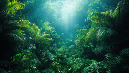 Fototapeta premium A lush green jungle with sunlight streaming through the trees, creating a serene and vibrant atmosphere. 