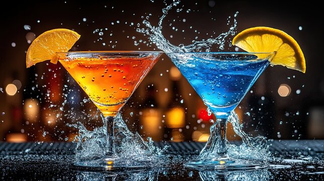 Close-up of splashing martini cocktails in greeting gesture. Neon light. Bar in the background, free space for text