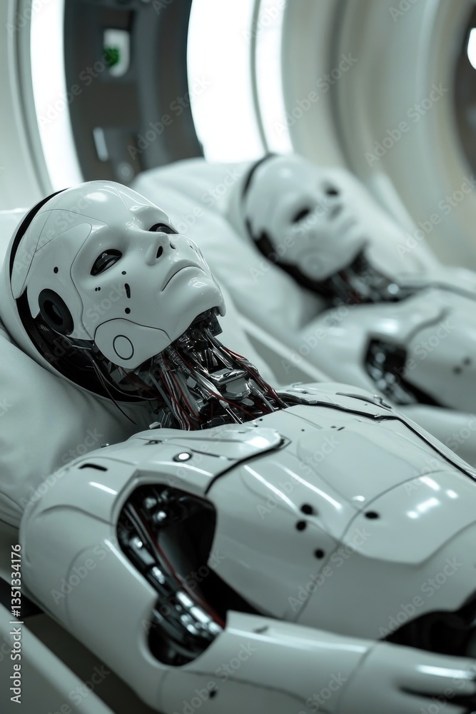 Poster Two robots resting on a bed in a room