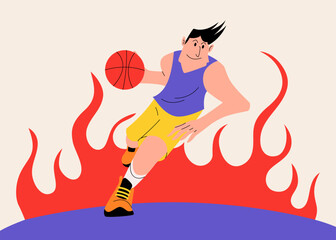 A determined basketball player in motion, driving through flames of passion and energy