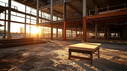 A towering office structure mid-construction, beams exposed, a small table on uneven ground in the foreground, shot from a side angle for depth, dramatic lighting 