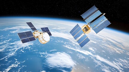 Futuristic 3D space based solar energy satellites orbiting the Earth transmitting clean renewable power with AI controlled realism