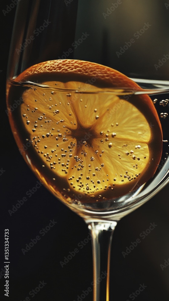 Poster a glass filled with red wine and a slice of lemon for garnish