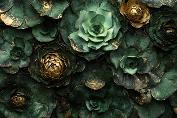 Obraz premium A detailed, realistic, and intricately designed metallic rose garden with a unique, earthy and green color scheme, showcasing a variety of textures and a rich, earthy tone