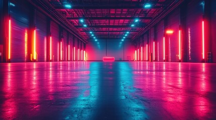 Neon-lit industrial hall