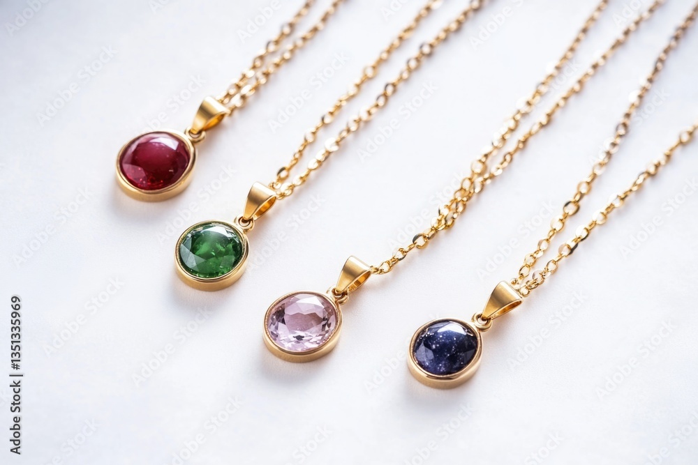 Poster a detailed view of three colorful stones connected by a chain, ideal for use in jewelry or decorativ