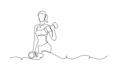 Woman lifting weights continuous one line drawing. Female bodybuilder vector hand drawn