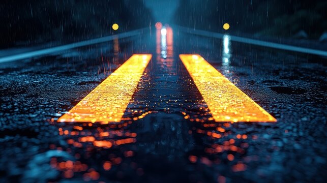 Rain-slicked road at night, glowing lane markers