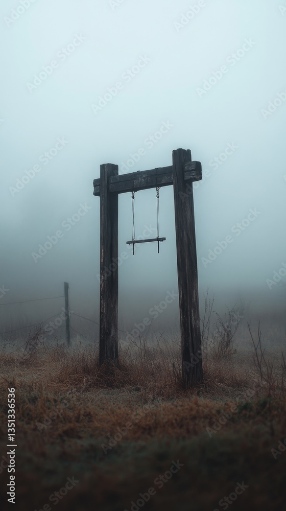 Poster a wooden well stands tall in a misty open field, perfect for use as a scenic background or rustic th