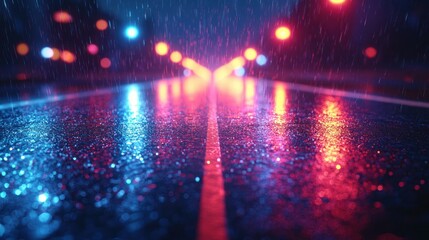 Fototapeta premium Rain-slicked road at night, reflecting vibrant city lights