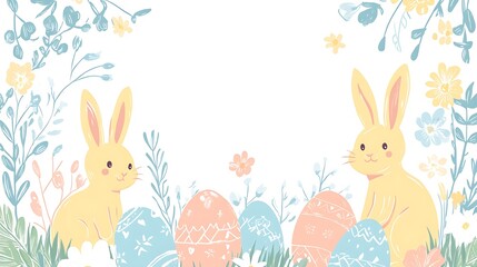Obraz premium Easter Bunnies Eggs Spring Border.